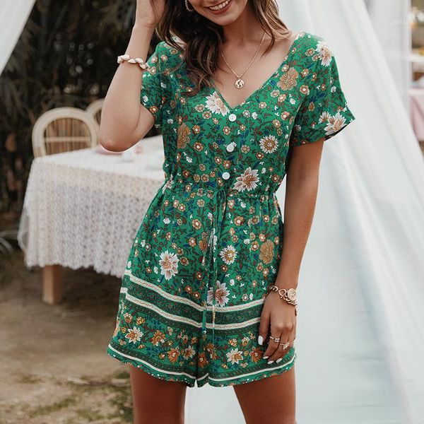 

women v neck jumpsuit bohemian floral print rompers summer casual loose high waist short pants wide leg playsuits overalls1, Black;white