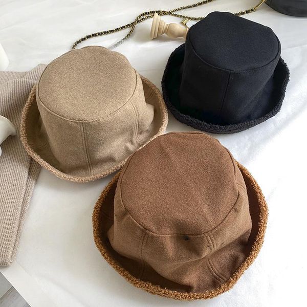 

japanese style trend warm winter lamb wool double-sided wear cap vintage lady panama fisherman bucket hat, Blue;gray