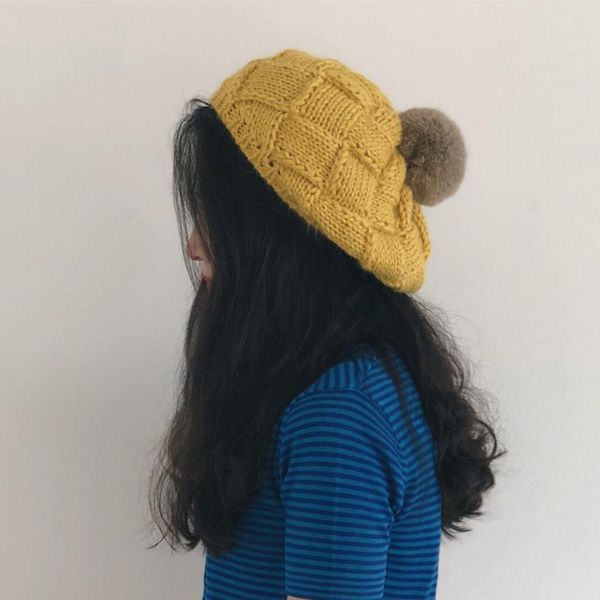 

beanie/skull caps hand knit wool hat women autumn winter korean fashion cute art beanies british knitted with fur ball, Blue;gray