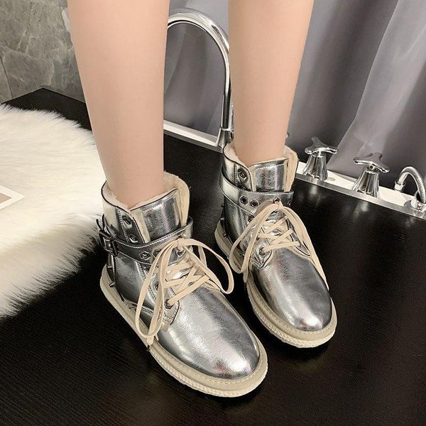 

fur snow boots women rivet ankle boots lace up metal buckle flat platform winter warm shoes 2020 short booties, Black