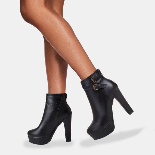 

boots brand quality big size 50 high heels elegant platform buckles office ladies ankle boot winter shoes women, Black