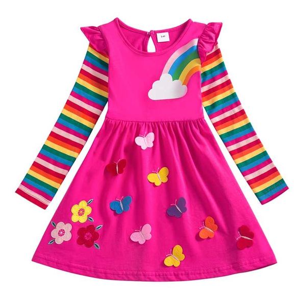 Mädchen Langarm Einhorn Kleid Herbst bestickt Baumwolle Kinder Blume Rundhals LH5908 220106