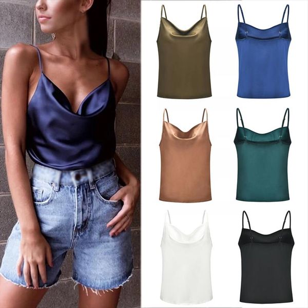 

fashion casual satin strap vest tank camisole for women 2020 summer solid sleeveless casual ladies silk tank, White