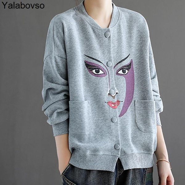 

women's jackets yalabovso gray black color cotton printed baseball collar short coat autumn retro casual long sleeve for women, Black;brown