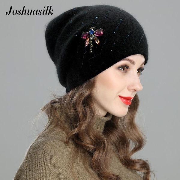 

beanie/skull caps joshuasilk autumn and winter women hat double warm knitted wool angora dragonfly stone decoration for girls, Blue;gray
