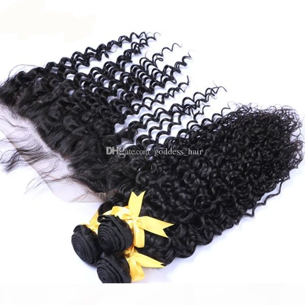 

deep curly lace frontal closure with human hair bundles 4pcs lot deep wave hair with ear to ear lace front closure double wefted, Black