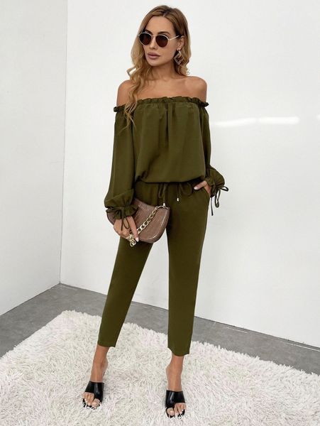 

off shoulder frill trim flounce sleeve jumpsuit y3z4#, White