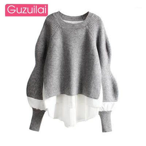 

guzuilai european and american fashion sweater stitching shirt fake two-piece female western style knitted clothes1, White;black