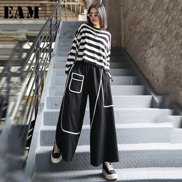 

[eam] high elastic waist black pocket split long wide leg trousers new loose fit pants women fashion spring autumn 1x812 201106, Black;white