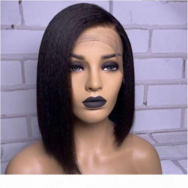 

yaki straight short bob wigs for women brazilian yaki lace front human hair wigs bob pre plucked baby hair, Black;brown
