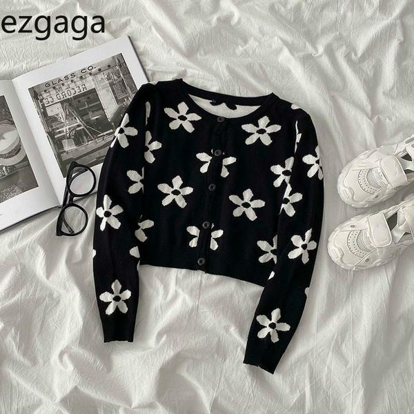 

women's knits & tees ezgaga sweater women long sleeve o-neck jacquard flower single breasted cardigan korea style black and white autu