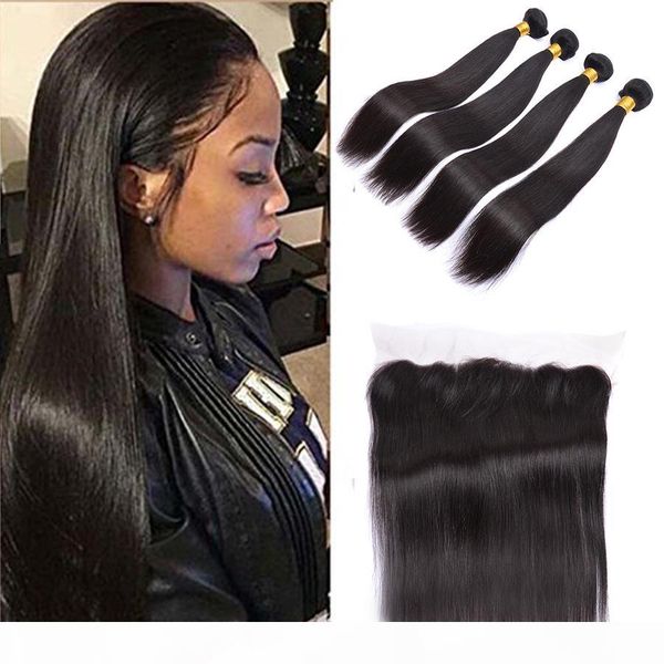 

brazilian virgin hair straight with lace frontal 4pcs ear to ear lace frontal closure straight virgin hair 13x4 frontal with bundles deals, Black;brown