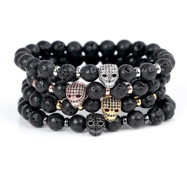 

diy new fashion retro strand lava beads stone bracelets for men classic mini cz skull charm bracelets jewelry sqctie, Golden;silver
