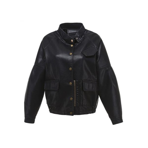 

2021 new autumn women smooth biker female jacket of the loose plutonium leather fits jackets outwear mmrr, Black