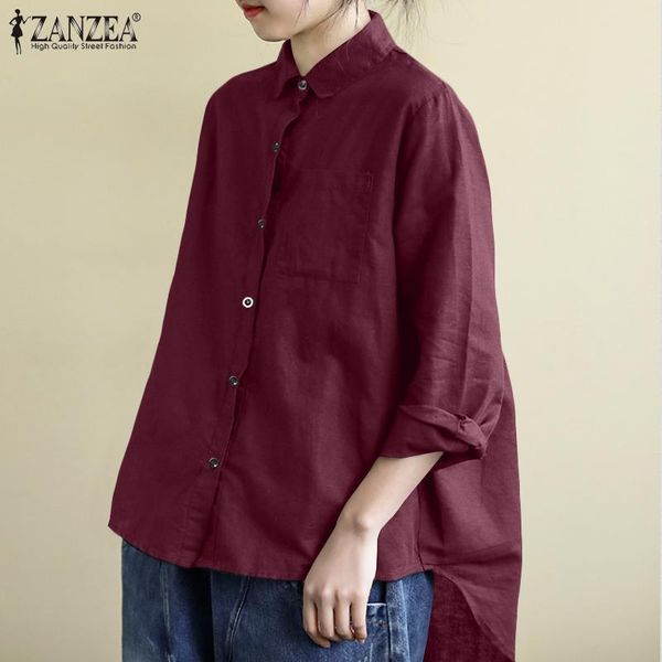 

plus size vintage pleated shirts women's autumn blouse zanzea casual long sleeve blusas female button asymmetrical tunic, White