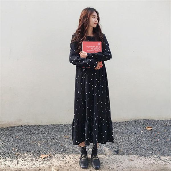 

l 4xl plus size women maxi dress chiffon long sleeve dot printed casual loose dresses spring autumn 2020 high waist vestidos, Black;gray