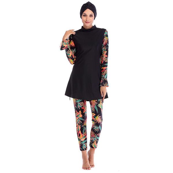 

2021 new patchwork hijab women swimwear modest long sleeves swimsuit muslimah wear bath suit y138, Red