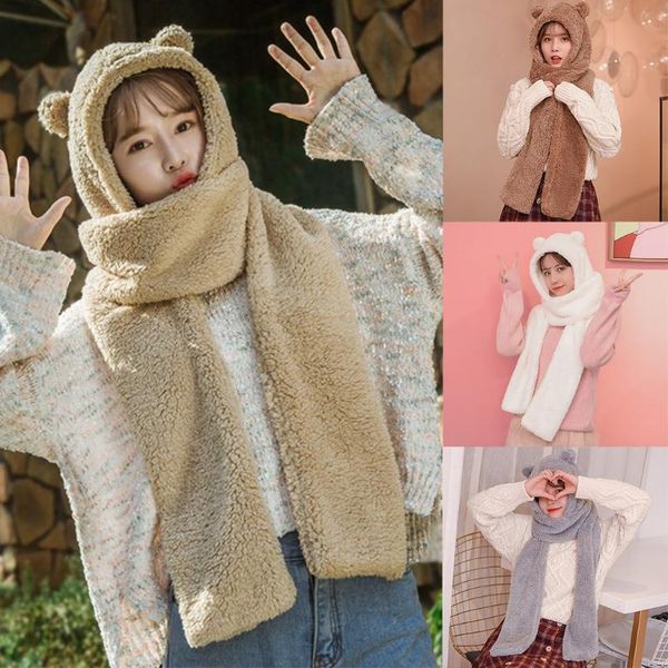 

2021 fashion winter women caps warm cute cartoon bear ear protectors thick hat casual plush hat scarf set casual solid women cap, Blue;gray