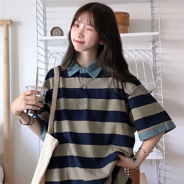 

women's polos apricot striped women shirt short sleeve turn-down collar loose blue female fasion summer casual tunic, White