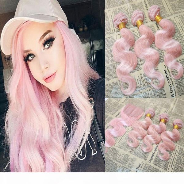 

malaysian virgin hair pink body wave bundles with lace closure rose pink hair weaves with lace closure bleached knots with baby hair, Black;brown