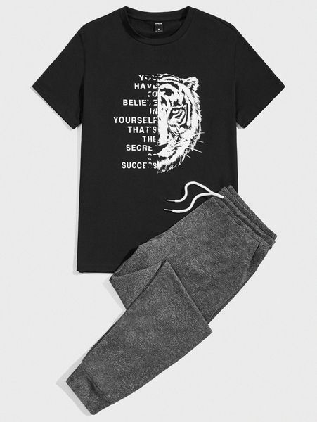 

men slogan and tiger print tee & drawstring waist sweatpants j2oh#, Gray