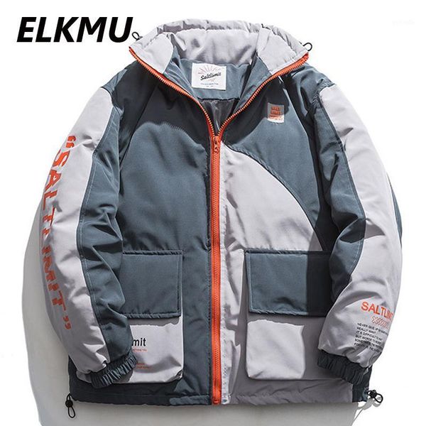 

elkmu men's parkas patchwork winter jacket coat streetwear harajuku windbreaker thick cargo jackets cotton warm outwear he4311, Black