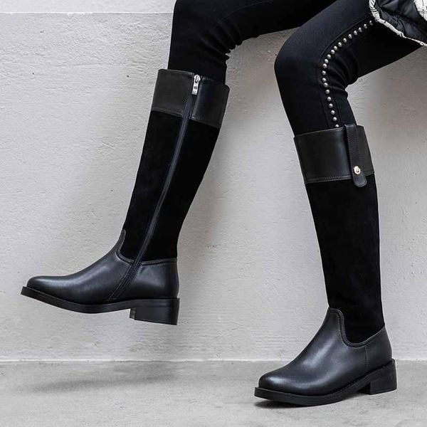 

knee high boots women riding boots genuine leather round toe british med-heels gorgeous knight zapatos mujer, Black