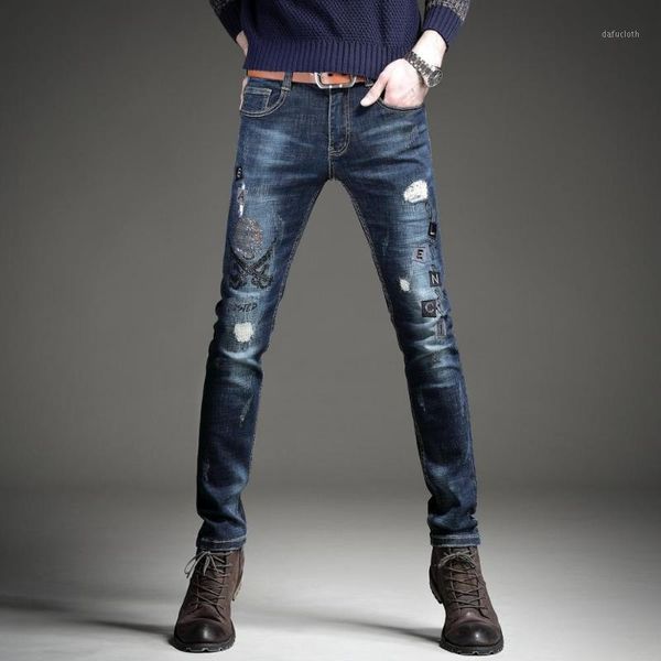 

2019 new men's male denim pants jeans embroidered slim skinny drilling pants autumn and winter trousers1, Blue