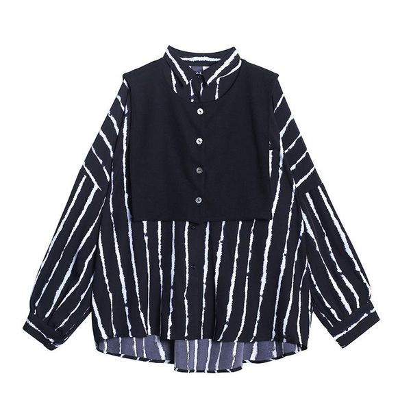 

fall 2020 women oversize long sleeve stripe shirt vest cape two piece set female vintage streetwear plus size blouse shirts, White