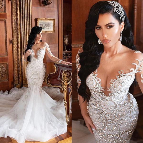 Роскошные арабские русалки свадебные платья с длинным рукавом кружева свадебные платья прозрачная иллюзия на заказ свадебное платье