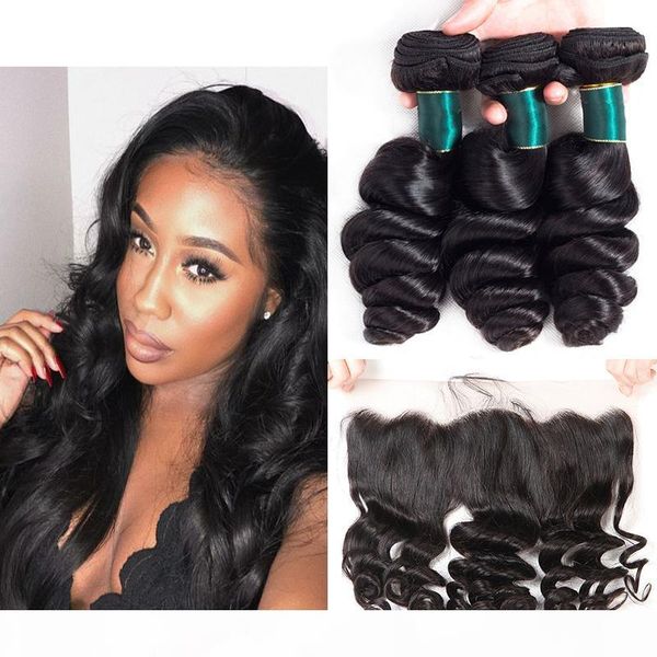 

10a loose wave human hair 3pcs bundles with 13x4 ear to ear lace frontal closure unprocessed brazilian virgin human hair weaves extensions, Black