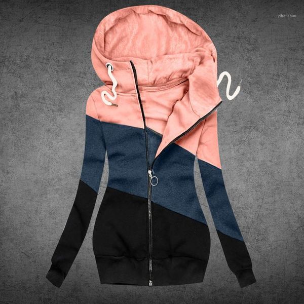 

women winter casual coats stitching color jacket zipper sweatshirt long sleeve coats hooded cotton medium-long overcoat chaqueta1, Black;brown