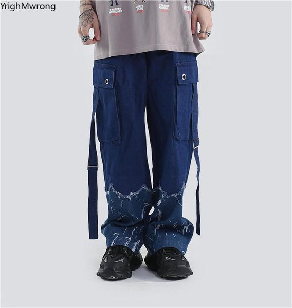 

ring ribbon cargo pocket drawstring waist baggy denim pant ripped print graffiti streetwear oversize harajuku hip hop punk jeans, Blue