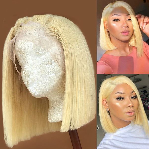 

ombre honey blonde straight brazilian lace front human hair wig pre plucked short remy wig for black women, Black;brown
