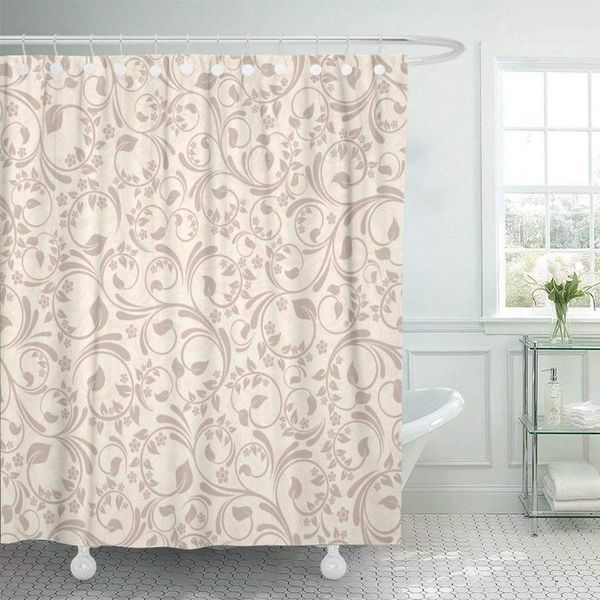 

shower curtain with hooks vintage with beige flowers floral scroll flourish retro curve leaf summer decorative bathroom1