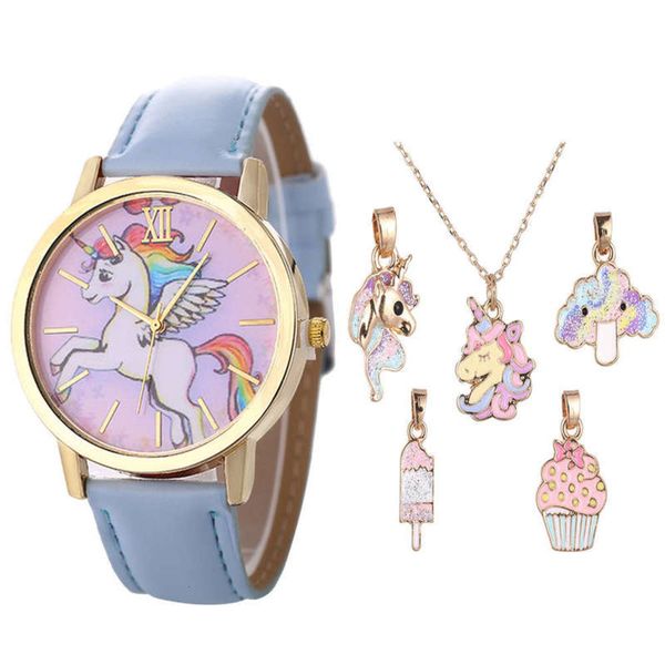 

fashion set children's 6pcs cartoon / unicorn dial belt quartz watch + necklace optional combination set, Slivery;brown