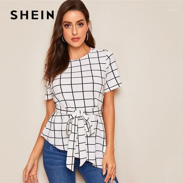 

shein asymmetrical hem belted grid summer blouse women clothes 2020 elegant short sleeve round neck blouse ladies 1, White