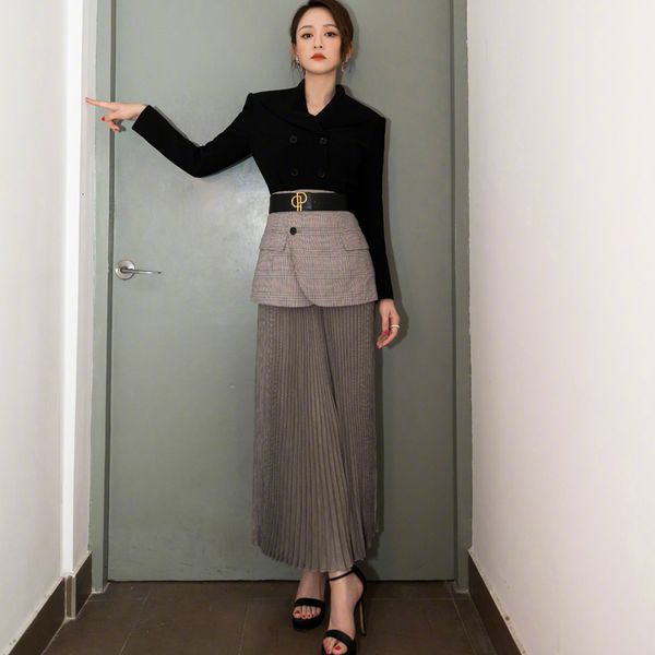 

new autumn classic style plaid printing sleeve long thin belt adjustment tempers plied mid-length dress of women clothes fgxy, Black;gray