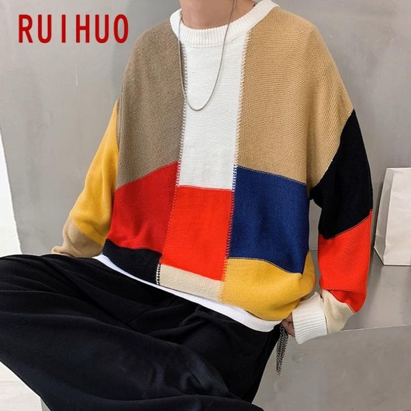 

ruihuo patchwork knitted sweater men clothing pull sweaters winter men clothes pullover mens coat 2020 autumn winter new -5xl, White;black