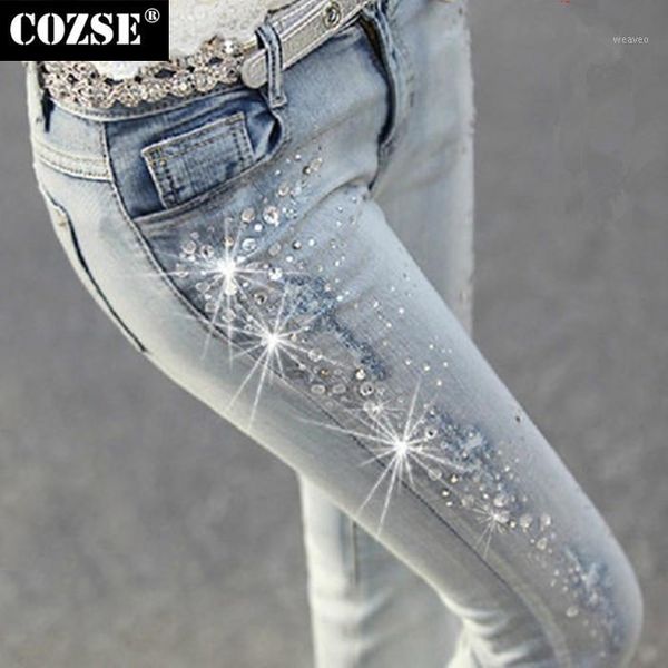 

2020 new women casual pants autumn slim elastic denim rhinestone diamond jeans pencil pants trousers d34901, Blue