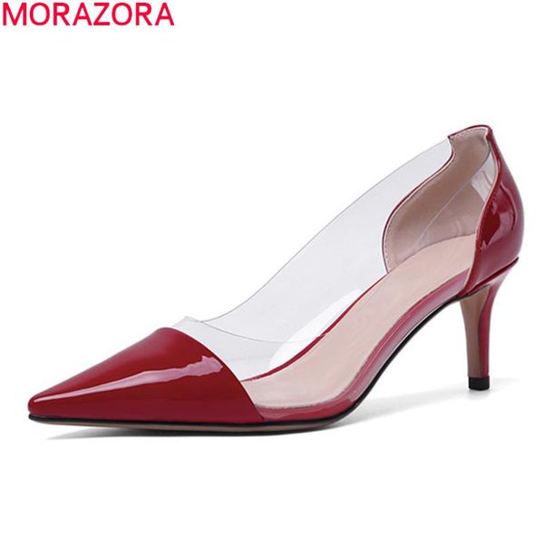 

dress shoes morazora brand summer women pumps genuine leather shallow pointed toe party stiletto heels elegant ladies, Black