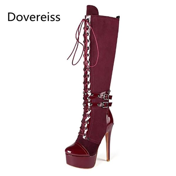 

dovereiss fashion women's shoes winter pointed toe zipper new burgundy buckle platform stilettos heels knee high boots36-47, Black