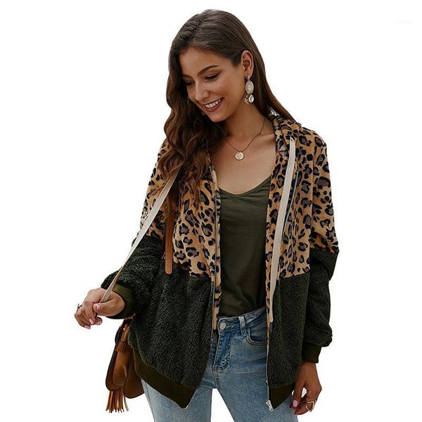 

2021 women's winter jacket short style hooded leapard outwear patchwork with lace up pockets loose casual female thick coats1, Black;brown