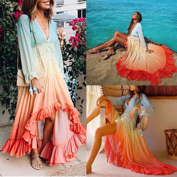 

beach dress fashion women's long sleeve v-neck gradient loose single-row button fold dress saida de praia vestido de festa de y200708, Black;gray