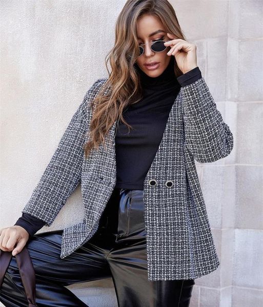

2021 fashion autumn women casual plaid blazers and jackets work office lady suit slim double breasted business female blazer1, White;black