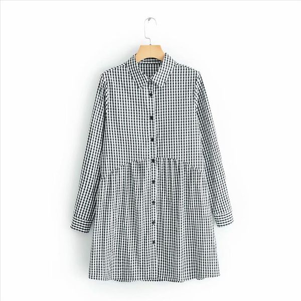 

2019 new women vintage plaid printing shirtdress casual slim dress female pleats patchwork vestidos chic business dresses ds1962, Black;gray