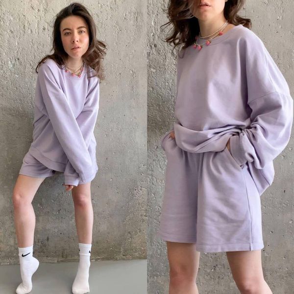 

womens tracksuits 2 piece set summmer autumn oversize sweatshirt sporting shorts sweat set two piece outfit solid color sets, Gray