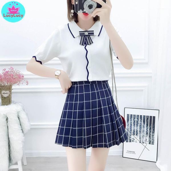 

2020 summer net red small fresh england college wind suit lapel bow tie sweater + high waist slim pleated skirt 2 piece set1, Gray