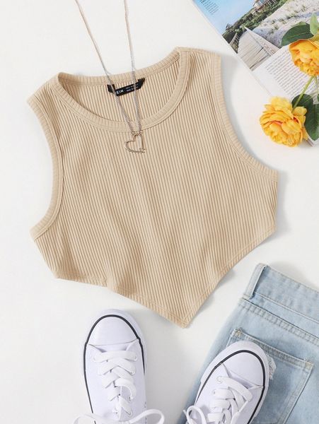 

asymmetrical hem rib-knit crop tank g54c#, White