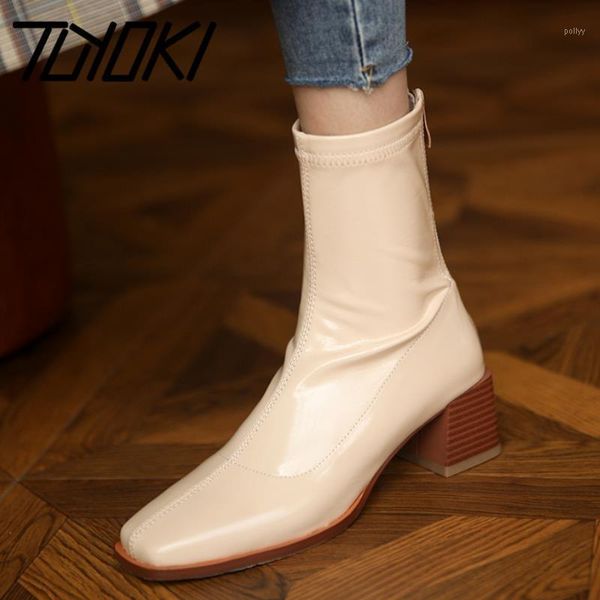 

boots tuyoki women ankle fashion square toe high heel winter shoes woman zipper office lady street footwear size 34-391, Black